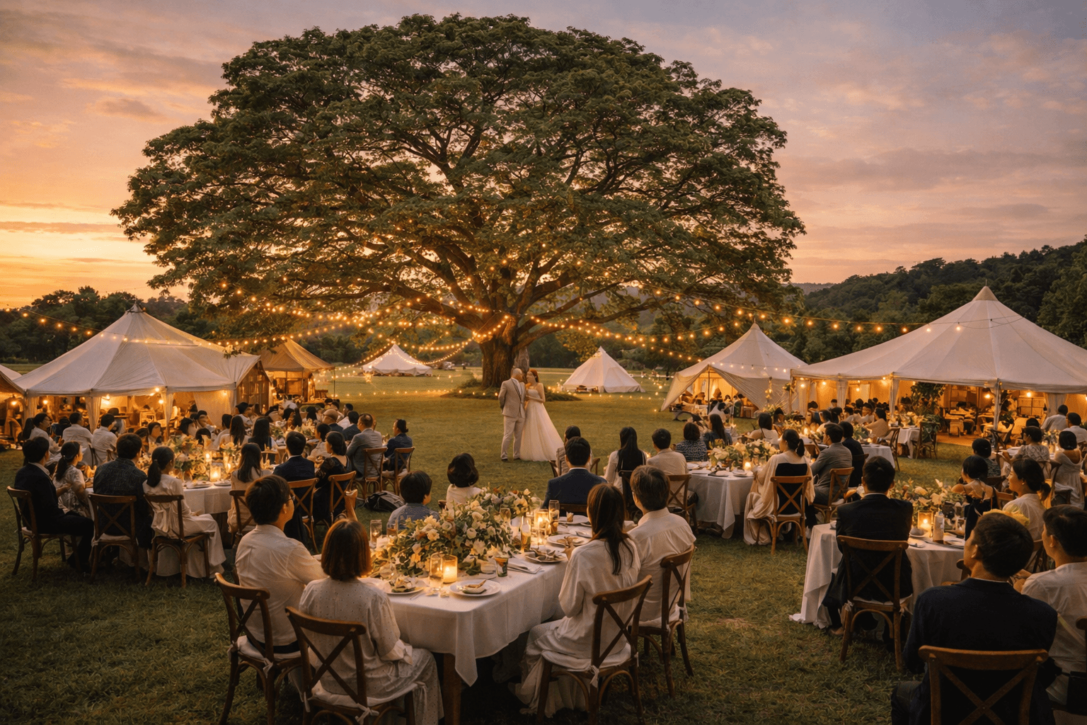 コスモス畑に囲まれた広大な芝生
